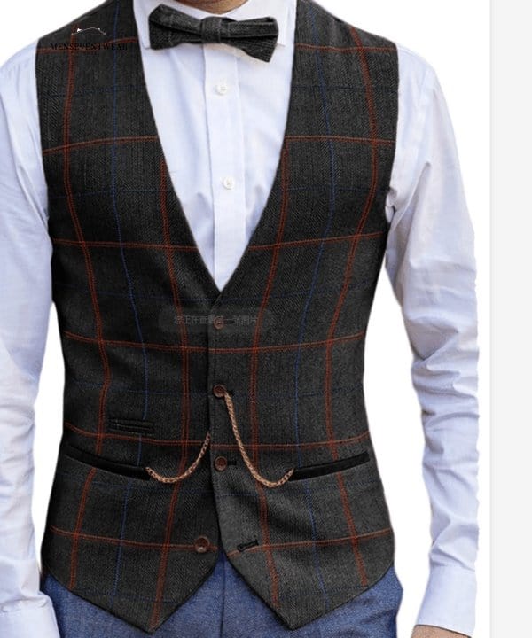 Casual Men's Fashion Plaid V Neck Waistcoat menseventwear