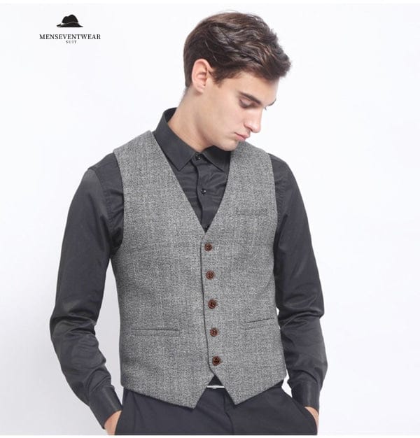 Casual Mens Vintage Slim Fit Plaid V Neck Waistcoat menseventwear