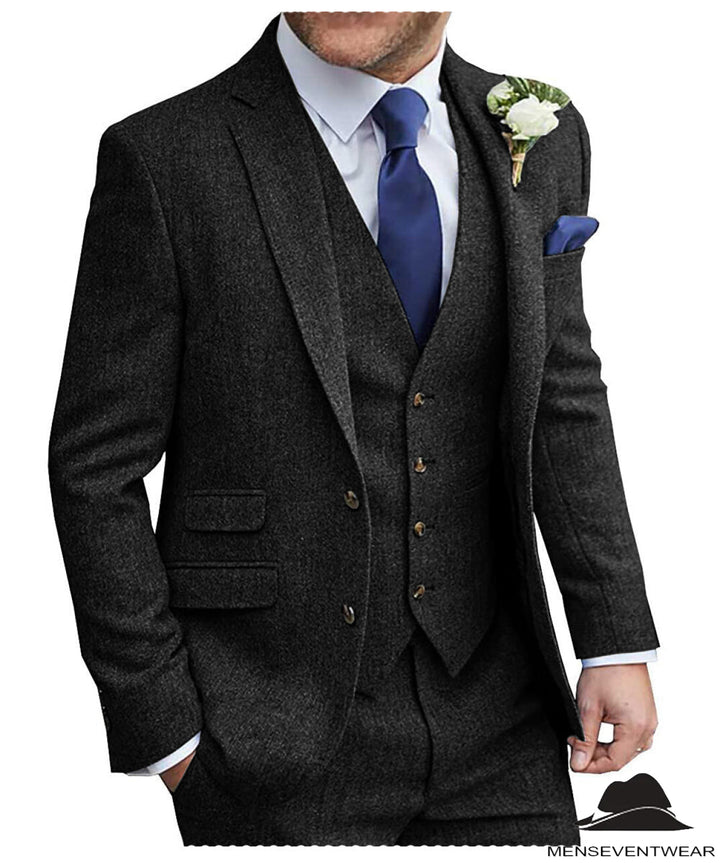 Classic 3 Pieces Mens Suit Herringbone Tweed Notch Lapel Tuxedos for Wedding (Blazer+vest+Pants) mens event wear