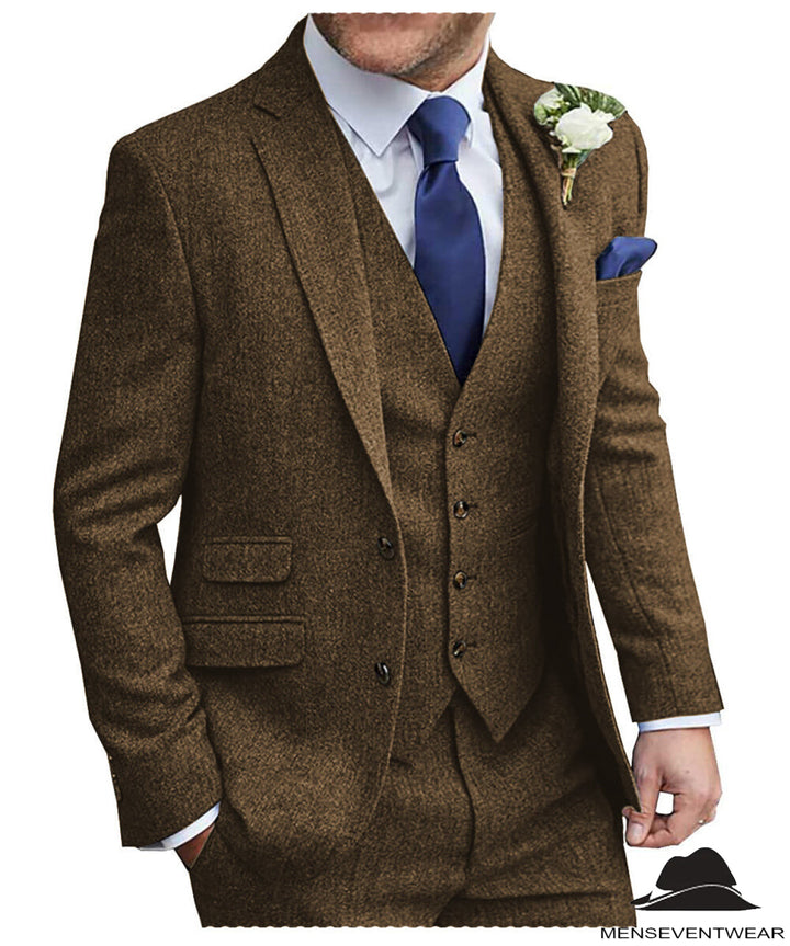 Classic 3 Pieces Mens Suit Herringbone Tweed Notch Lapel Tuxedos for Wedding (Blazer+vest+Pants) mens event wear