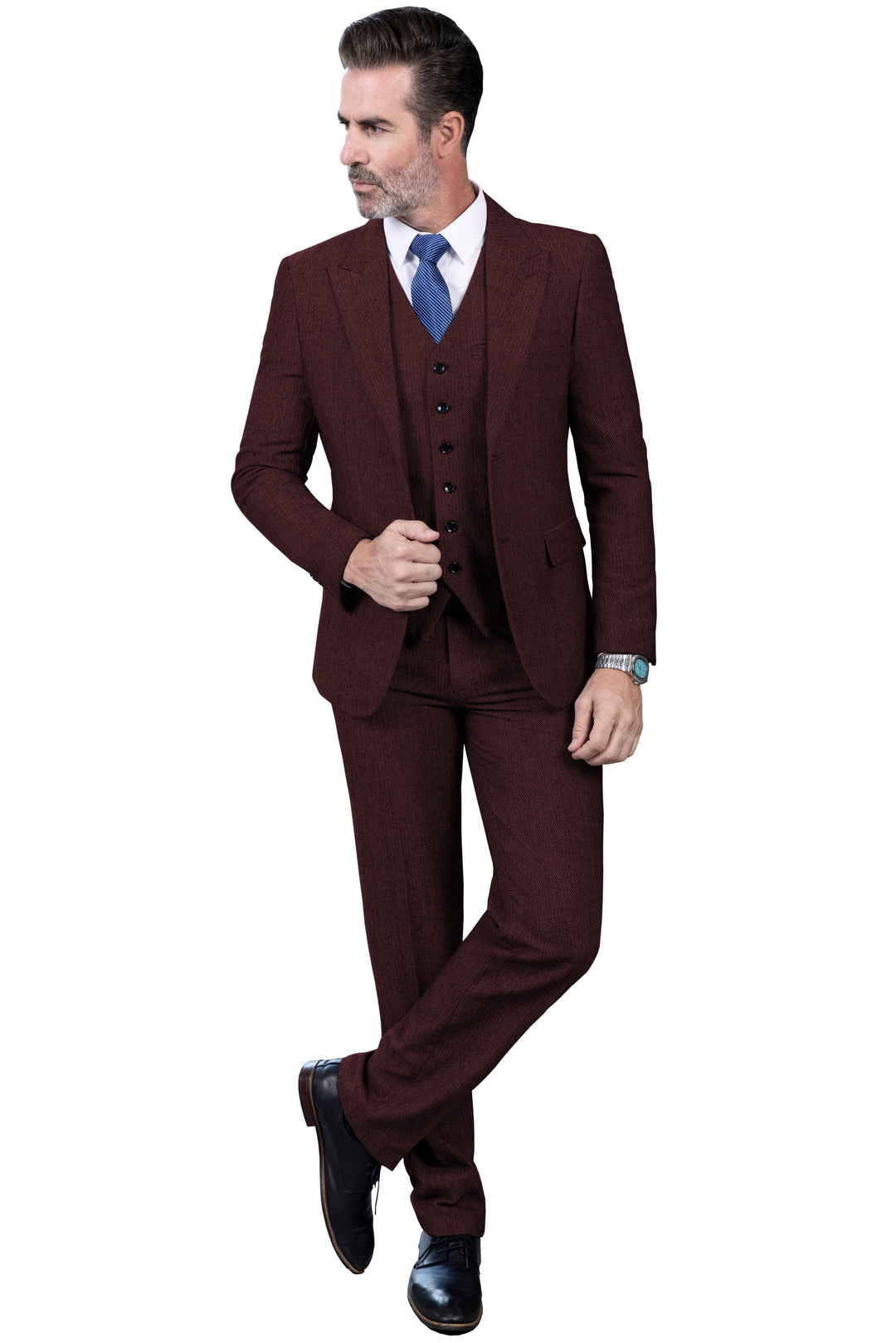 Classic 3 Pieces Mens Suit Herringbone Tweed Peak Lapel Tuxedos (Blazer+vest+Pants) mens event wear