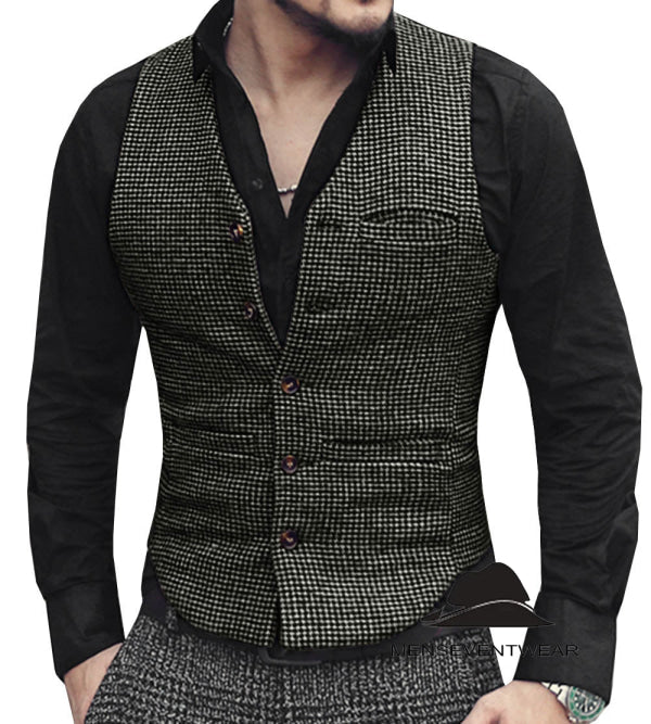 Fashion Casual Men's Slim Fit Tweed Houndstooth V Neck Waistcoat Adam Reed