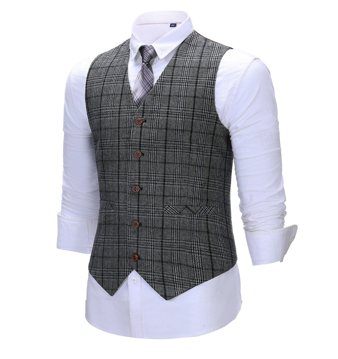Formal Men's Suit Vest Dark Grey Plaid V Neck Waistcoat mens event wear