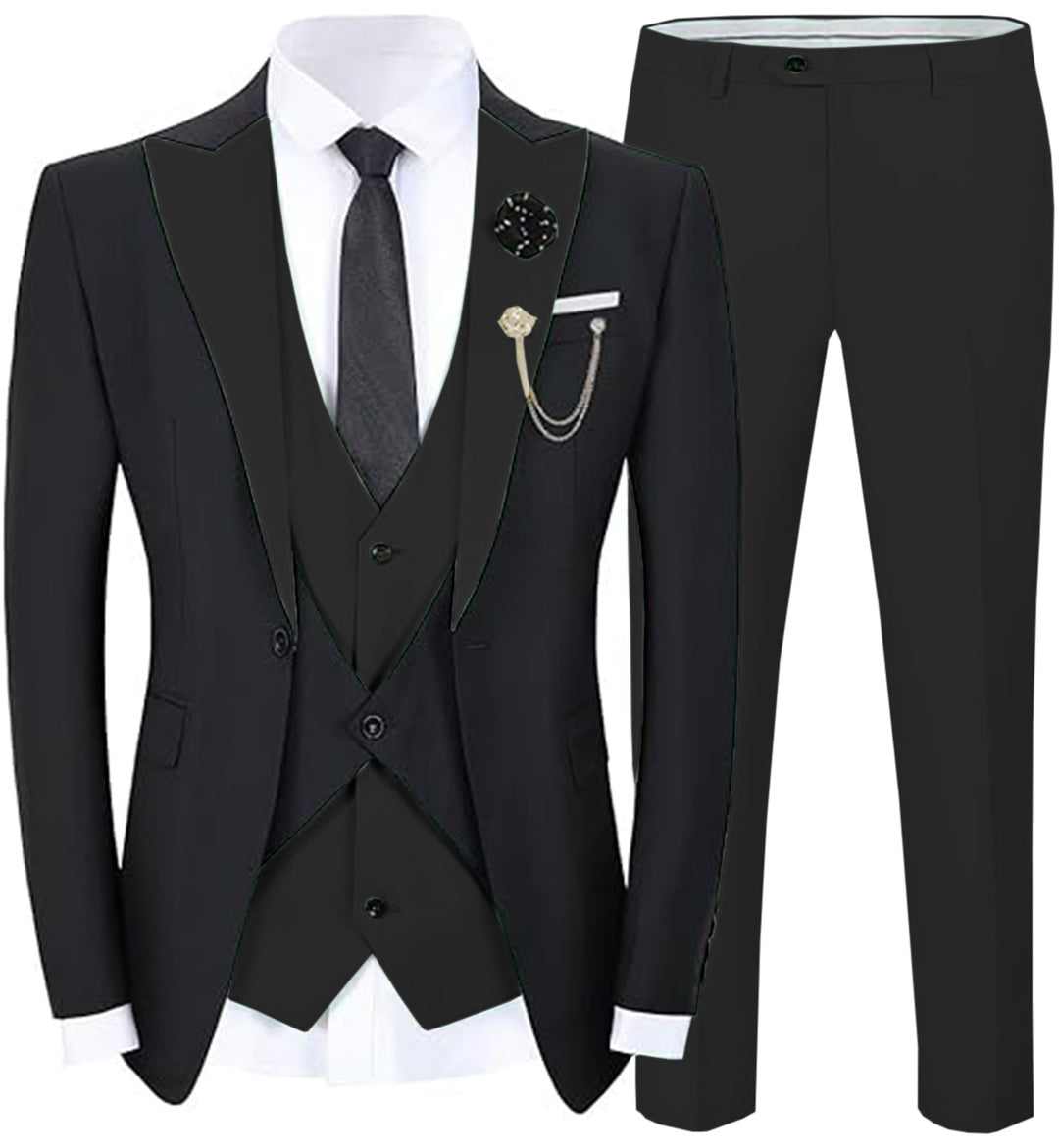 Formal Men's Suits Slim Fit 3 Pieces Peak Lapel Tuxedos (Black Blazer+Vest+ Pant) mens event wear