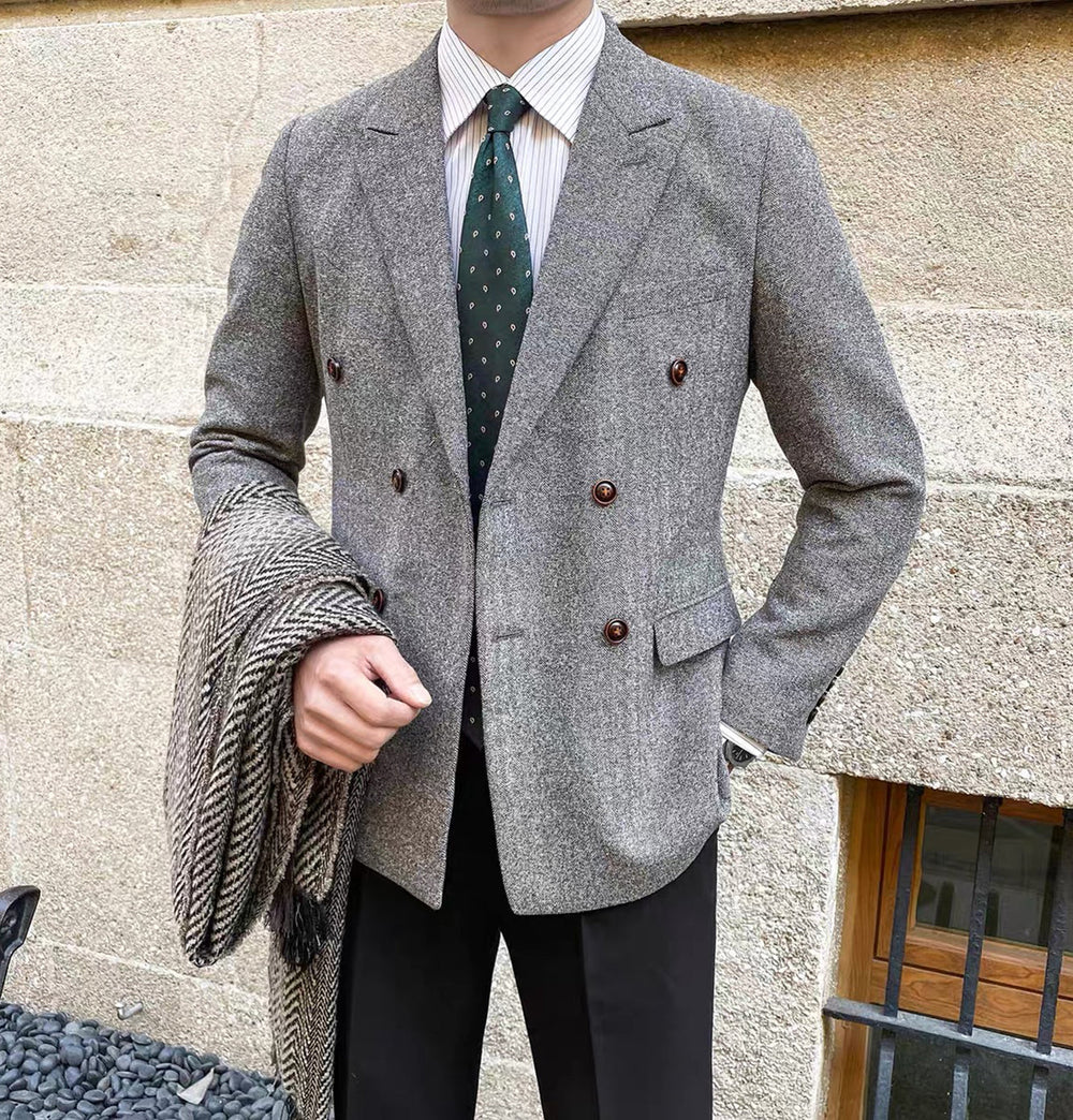 Formal Men's Wool Herringbone Peak Lapel Blazer mens event wear