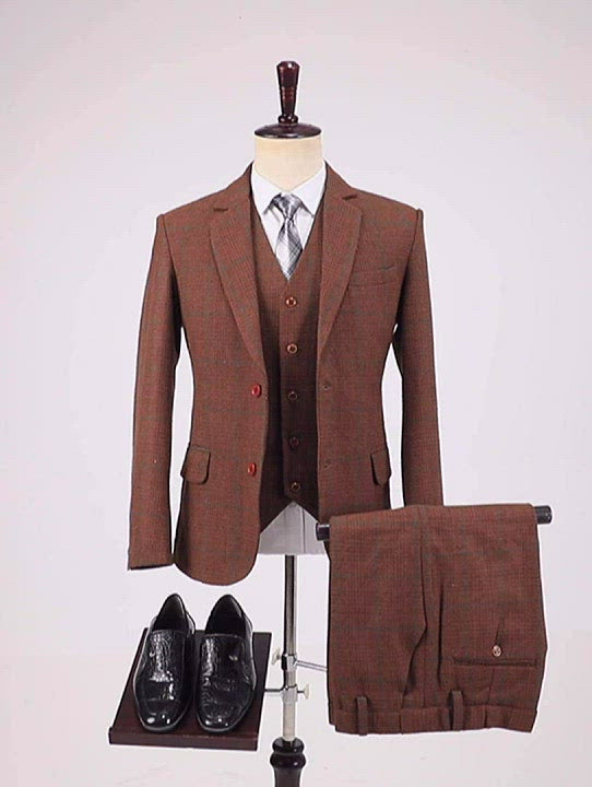 Business da uomo 3 pezzi Formale Burgundy Tweed Plaid Tweed Notch Suit (blazer+gilet+pantaloni)