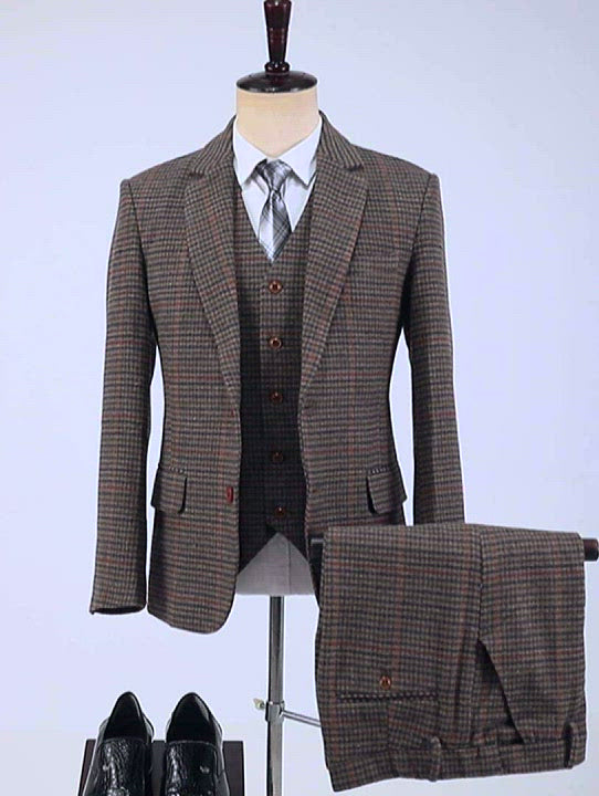 Negocio para hombres 3 piezas Traje formal de solapa de muesca a cuadros (blazer+chaleco+pantalones)