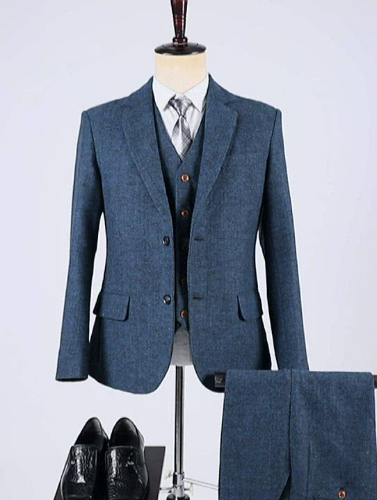 Business pour hommes 3 pièces formelles Royal Blue Herringbone Tweed Notch Suite (Blazer + Vest + Pantalon)