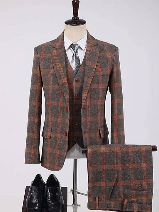 Negocio para hombres 3 piezas Traje formal de solapa de muesca de tweed a cuadros burdeos (chaleco+chaleco+pantalones)