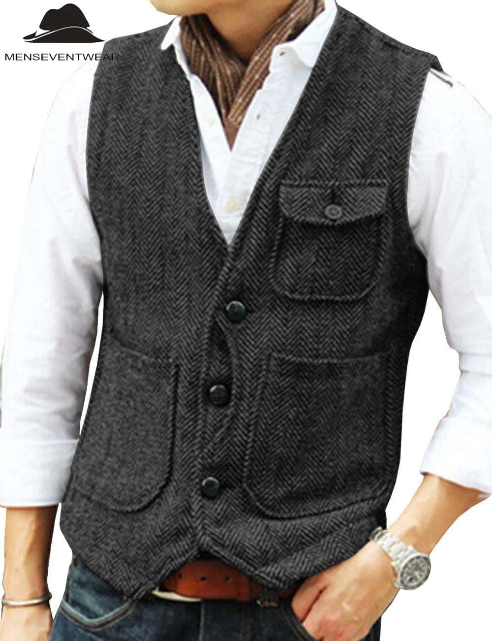 Casual Mens Classic Tweed Herringbone V Neck Waistcoat menseventwear