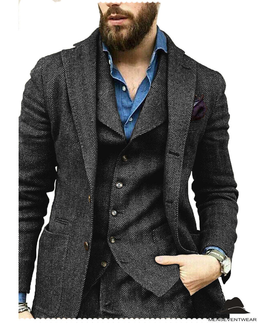 Fashion 3 Pieces Mens Suit Herringbone Notch Lapel For Wedding (Blazer+vest+Pants) mens event wear