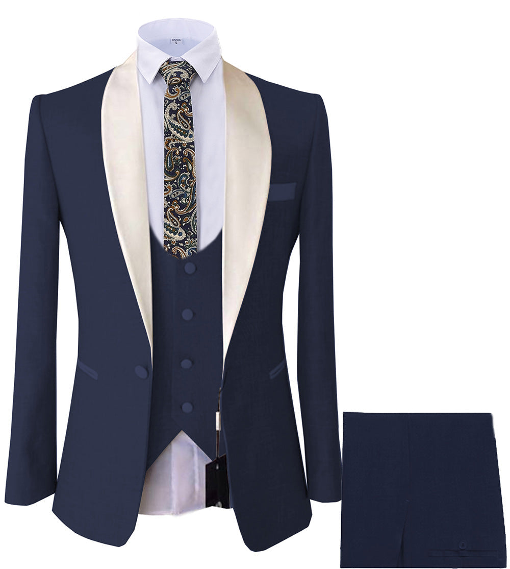 Formal 3 Pieces Mens Suit Flat Shawl Lapel Tuxedos (Blazer+vest+Pants) mens event wear