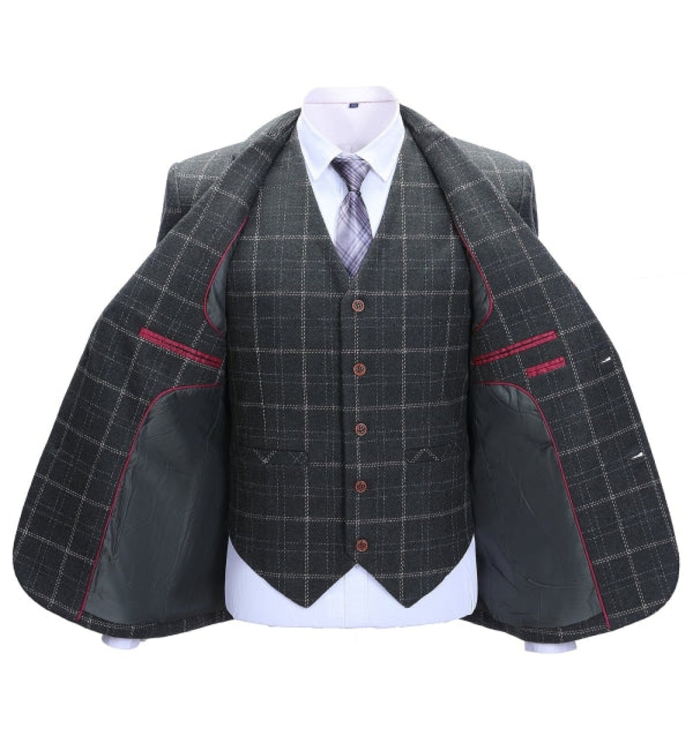 Formal Men's Business 3 Pieces Black Plaid Tweed Notch Lapel Suit (Blazer+vest+Pants) Adam Reed