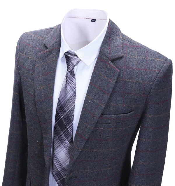 Formal Men's Dark Grey Plaid Notch Lapel Blazer mens event wear