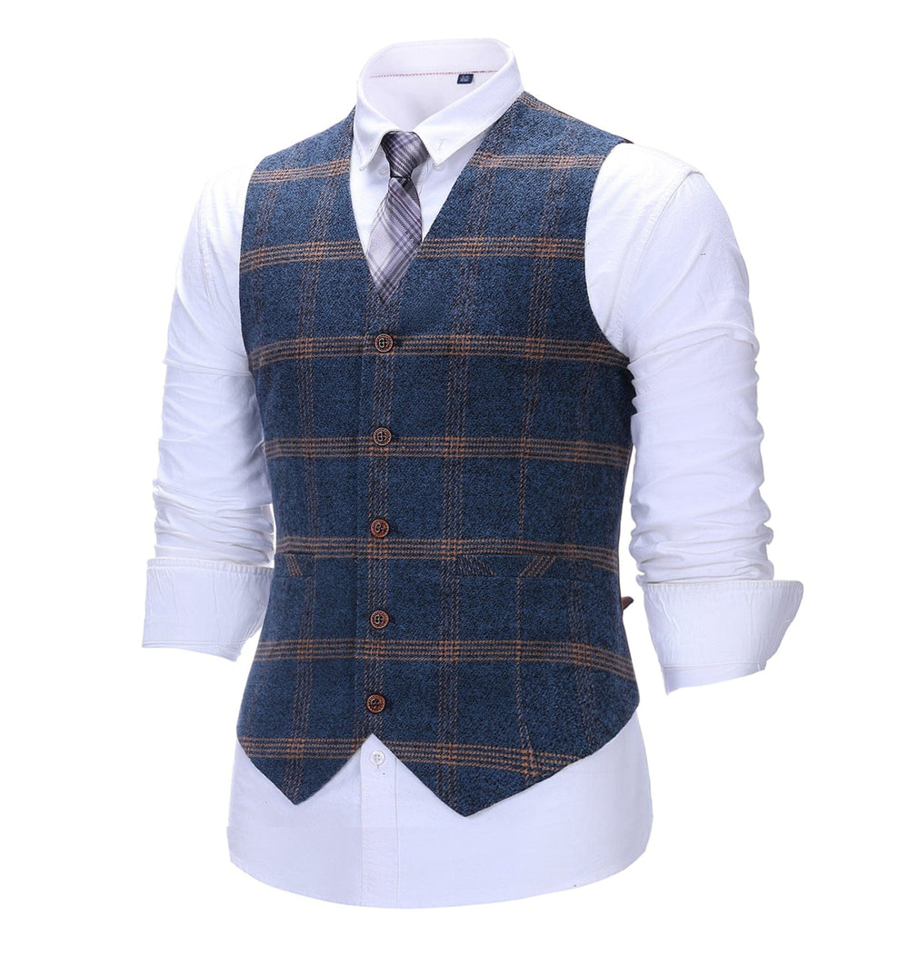 Formal Men's Suit Vest Navy Plaid V Neck Waistcoat mens event wear