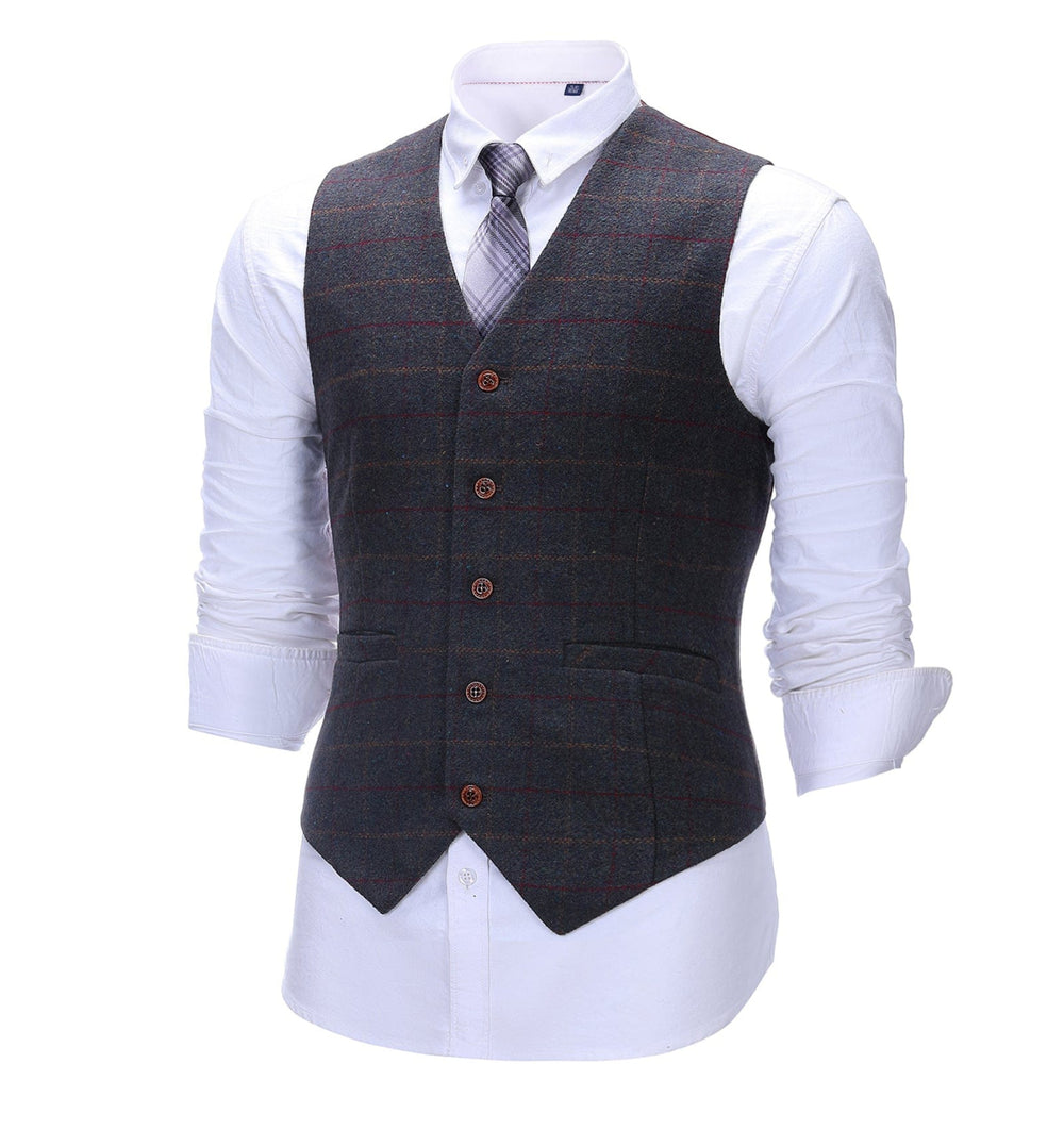 Formal Men's Suit Vest Tweed Plaid V Neck Waistcoat mens event wear