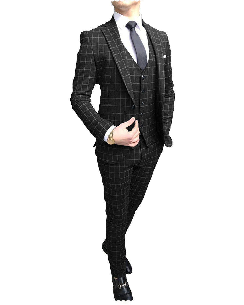 Formal Mens Suit Notch Lapel Blazer Plaid 3 Pieces (Blazer+vest+Pants) mens event wear