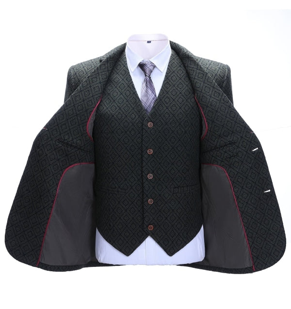 Men's Business 3 Pieces Formal Black Plaid Tweed Notch Lapel (Blazer+vest+Pants) Adam Reed