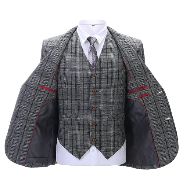 Men's Business 3 Pieces Formal Dark Grey Plaid Tweed Notch Lapel Suit (Blazer+vest+Pants) Adam Reed