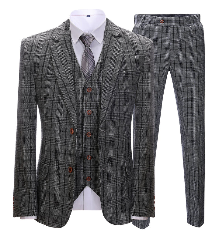 Men's Business 3 Pieces Formal Dark Grey Plaid Tweed Notch Lapel Suit (Blazer+vest+Pants) Adam Reed