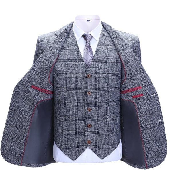 Men's Business 3 Pieces Formal Grey Plaid Tweed Notch Lapel Suit (Blazer+vest+Pants) Adam Reed