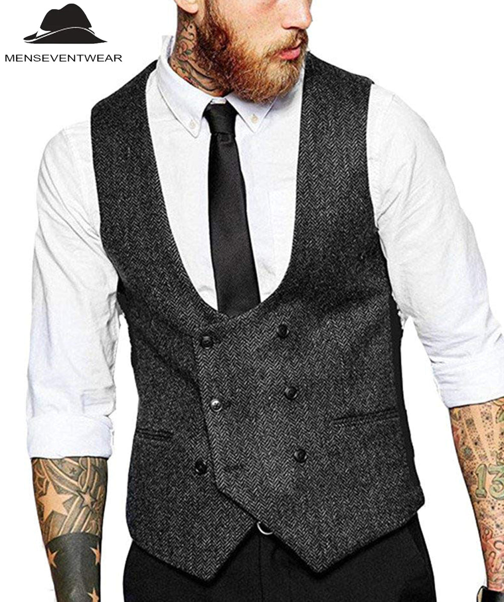 Men's Casual Double Breasted Tweed Herringbone U Neck Waistcoat menseventwear