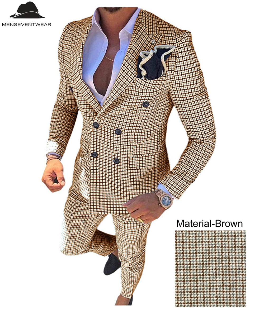 Men's Plaid 2 Piece Double Breasted Houndstooth Peak lapel Tuxedos (Blazer+Pants) mens event wear